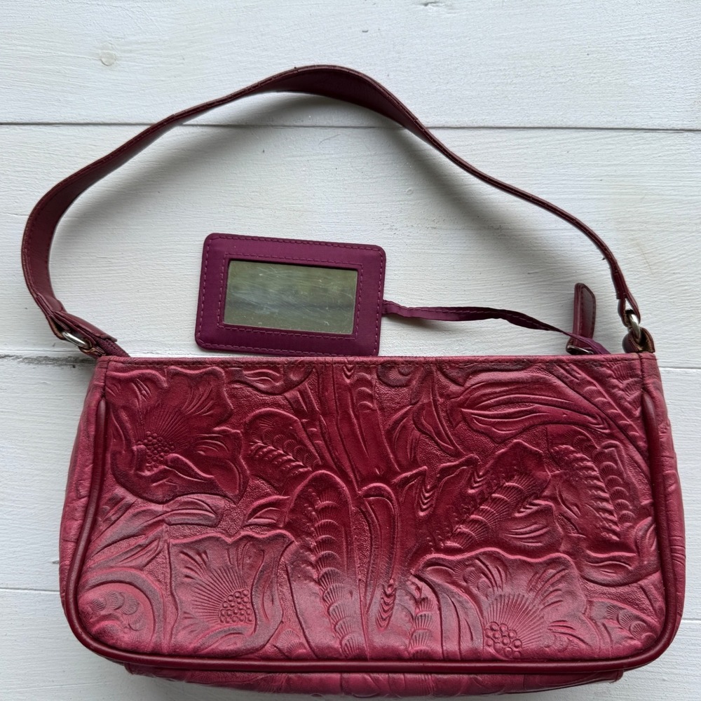 Vintage Red Floral Tooled Leather Shoulder Bag Handbag with Mirror Tag